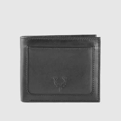 Men Black Solid Leather Two Fold Wallet