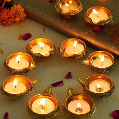 Set of 10 Decorative Brass Diya Oil Lamp Candle Holder