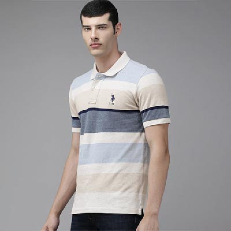 U S Polo Assn Men Off White Colourblocked Polo Collar Slim Fit Pure Cotton T-shirt