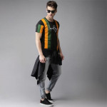 Men Black & Olive Green Striped Round Neck T-shirt