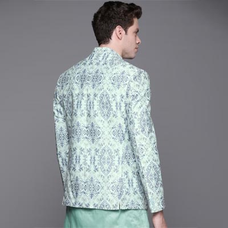 Men Sea Green & Navy Blue Cotton Ethnic Motifs Printed Printed Bandhgala Blazer