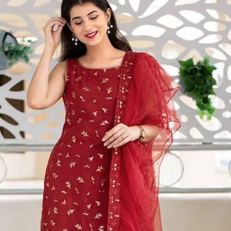 Women Red & Gold-Toned Embroidered Semi-Stitched Dress Material