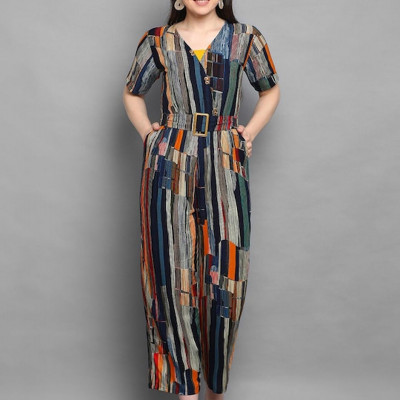 Blue & Orange Foil Printed Basic Jumpsuit