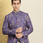 Men Navy Blue & Yellow Bandhgala Jashn Blazer