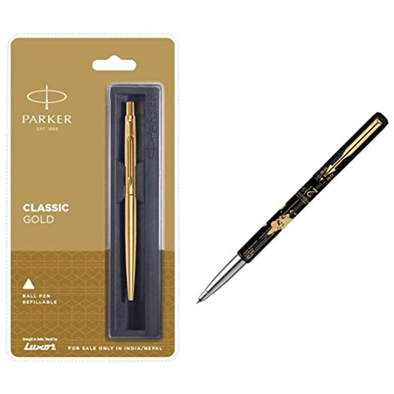 Parker Classic Gold GT Ball Pen & Parker Moments Vector Timecheck Gold Trim Roller Ball Pen (Black)