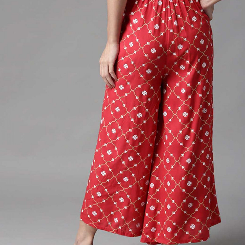 Women Red & White Printed Wide Leg Palazzos