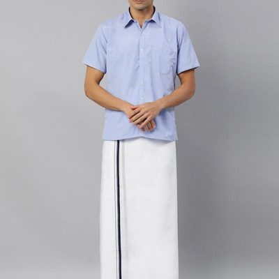 Men White Solid Dhoti with Navy Blue Border