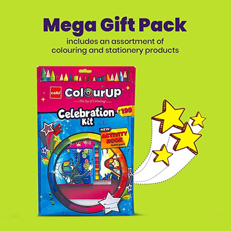 Cello ColourUP Celebration Kit Mega Gift Pack | Kids Colouring Set | 1 Gel Pen | 12 Crayons | 15 Oil Pastels Colouring Set | 15 Mini Sketch Pens | 1 E