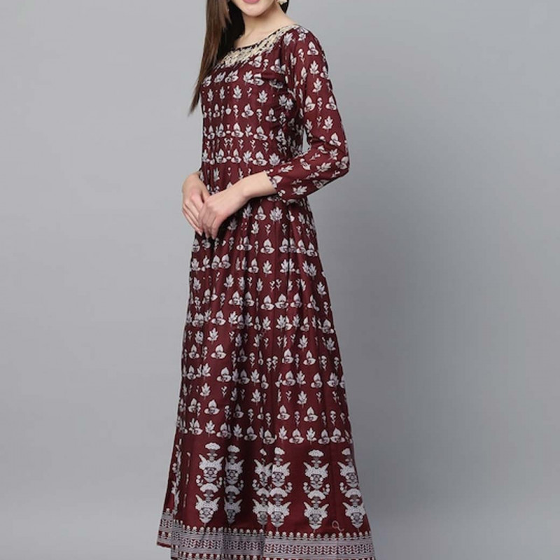 Women Coffee Brown & Off-White Floral Block Printed Anarkali Kurta with Dupatta