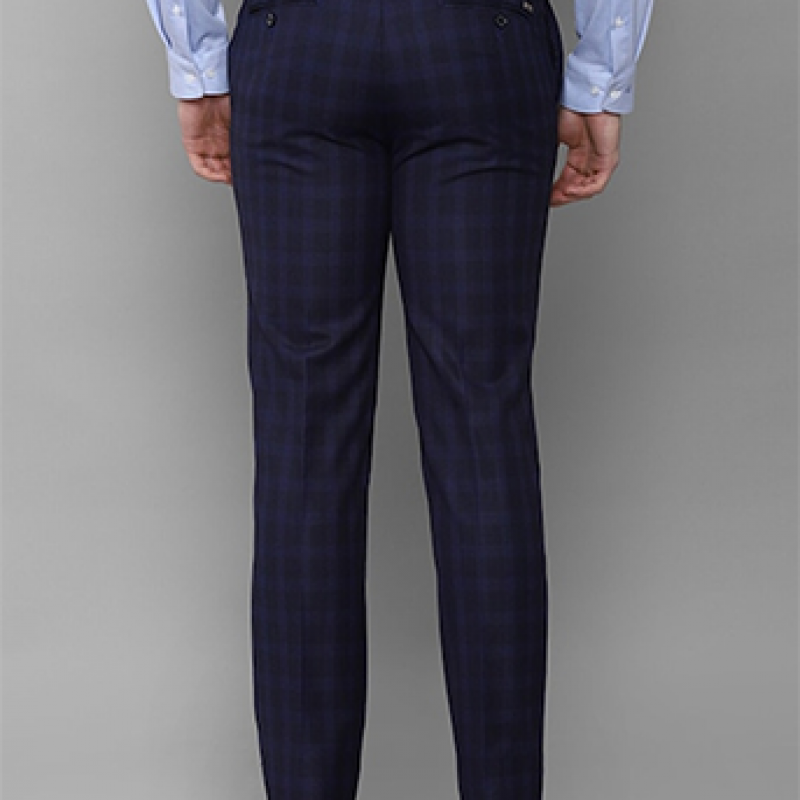 Men Navy Blue Checked Slim Fit Trousers