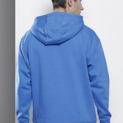 Men Blue Brand Logo Embroidered Hooded Pullover Sweatshirt