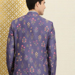 Men Navy Blue & Yellow Bandhgala Jashn Blazer