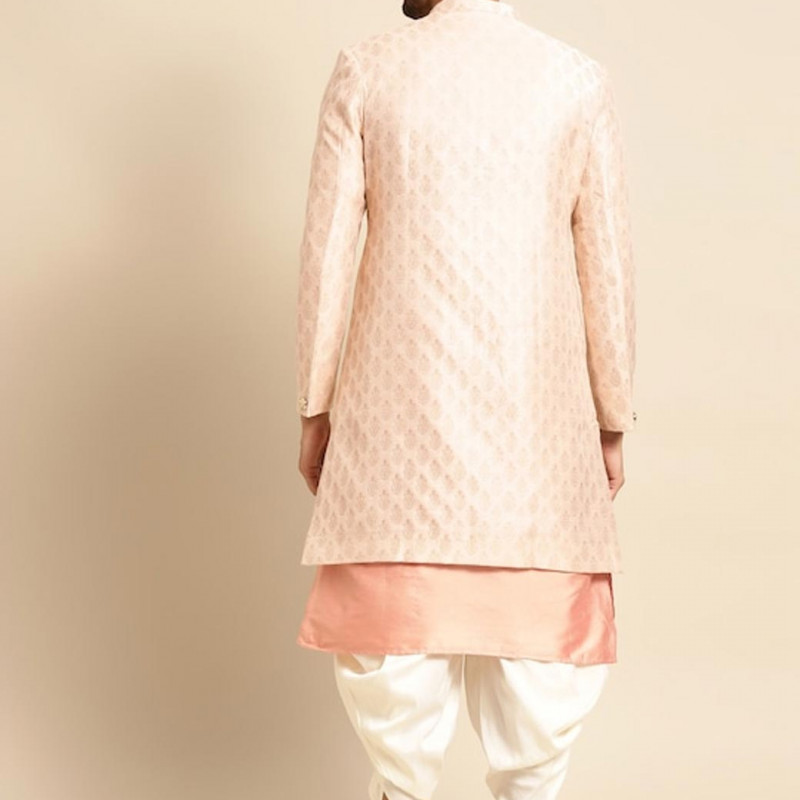 Men Golden Woven Design Kurta Sherwani Set